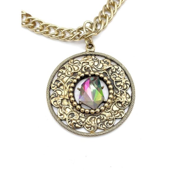 Vintage SWANK Medallion purple faux Gem Gold toned 30" - Picture 1 of 3